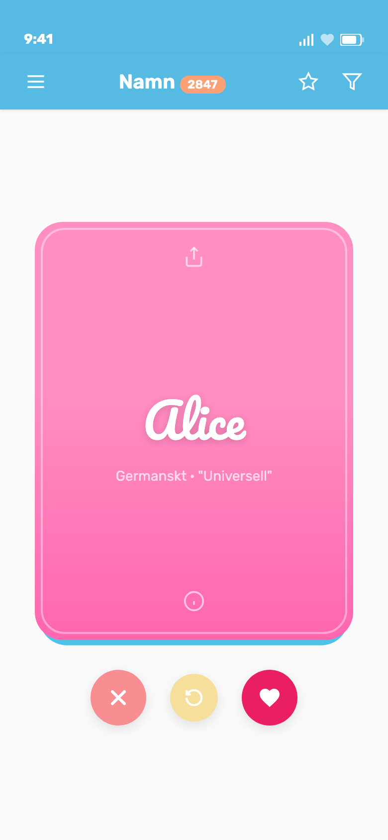 Deslizar por nomes de bebé - votar nos nomes deslizando para a direita para gostar ou para a esquerda para passar